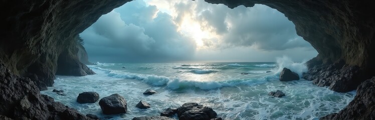 Fototapeta premium Cave view of stormy ocean waves crashing on rocky shore under dramatic sky. Sunlight breaks through clouds, illuminating turquoise water and white sea foam.