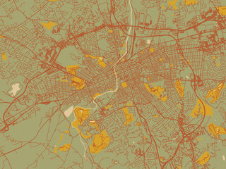 Vector-style flat map of York, Pennsylvania with sage/olive tone field with rust networks and ochre shapes, cream water.