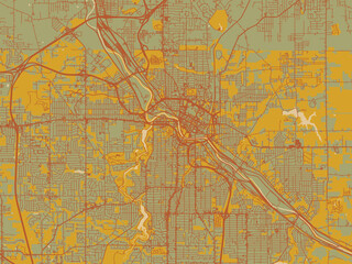 Naklejka premium Decorative flat city map of Youngstown, Ohia using earthy sage background with rust roadways and ochre details.
