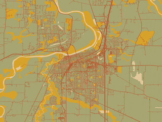 Obraz premium Flat painterly map of Albany, Oregon in earthy sage background with rust roadways and ochre details.