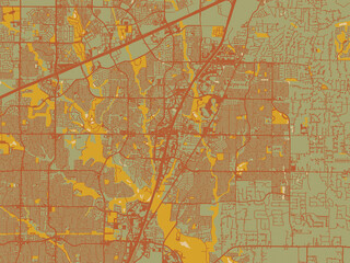 Obraz premium Poster-ready flat map of Allen, Texas, sage/olive tone field with rust networks and ochre shapes, cream water.