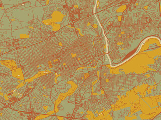 Modern flat map poster of Allentown, Pennsylvania in sage green ground with rust-red roads and ochre accents.