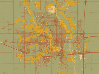 Obraz premium Graphic flat color map of Ames, Iowa in sage/olive tone field with rust networks and ochre shapes, cream water.
