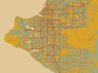 Decorative flat city map of Anchorage, Alaska using olive backdrop with warm rust street network and ochre blocks.