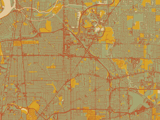Stylized minimalist map of Amherst, New York in sage/olive tone field with rust networks and ochre shapes, cream water.