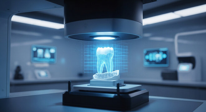 Advanced dental technology showcases holographic 3d model tooth under examination in futuristic laboratory setting with blue lighting and hightech equipment - Powered by Adobe