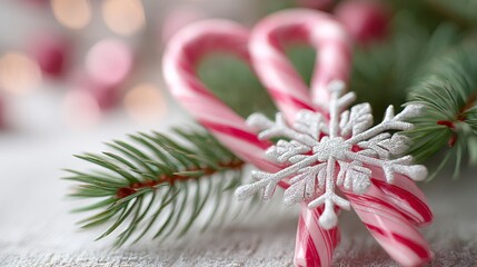 Festive Candy Canes Adorned with a Glittering Snowflake and Evergreen Sprigs Creating a Joyful Holiday Atmosphere