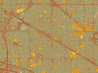 Minimalist flat city map of Arlington Heights, Illinois with earthy sage background with rust roadways and ochre details.
