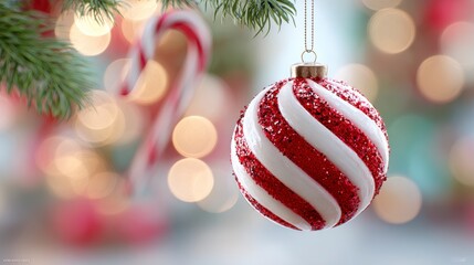 A Festive Red and White Christmas Ornament Hanging from a Pine Branch Surrounded by a Blur of Colorful Holiday Lights