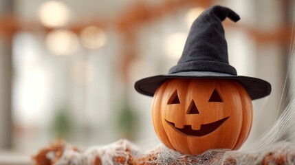 A Grinning Pumpkin Decorated for Halloween, Featuring a Classic Witch Hat Amidst Spider Webs and Festive Autumn Decor for Seasonal Celebrations