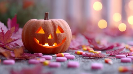 A Cheerful Halloween Pumpkin with a Grinning Face Surrounded by Colorful Candies and Autumn Leaves in a Warm Evening Glow