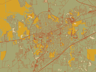 Obraz premium Vector-style flat map of Auburn, Alabama with muted sage base, rust-colored roads, and soft ochre highlights.