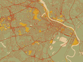 Graphic flat color map of Augusta, Georgia in sage green ground with rust-red roads and ochre accents.