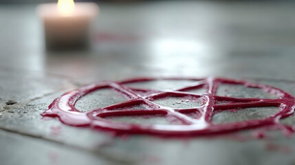A Mysterious Arrangement of Red Wax in the Shape of a Pentagram with a Candle Flame Flickering in the Background, Evoking Dark Ritualistic Themes