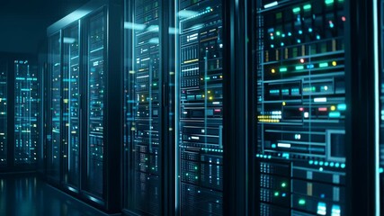 A modern data center with illuminated server racks in a dark environment. - Powered by Adobe