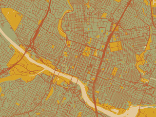 Obraz premium Flat painterly map of Austin Center, Texas in sage green ground with rust-red roads and ochre accents.