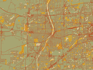 Decorative flat city map of Aurora, Illinois using sage green ground with rust-red roads and ochre accents.