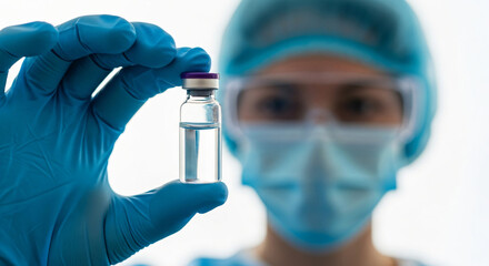 Medical professional holding a vaccine vial in a gloved hand