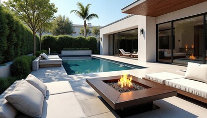Modern backyard features pool fire pit and patio area. Outdoor lounge area with fireplace provides place for relaxation. Contemporary home showcases landscape design with entertainment features.