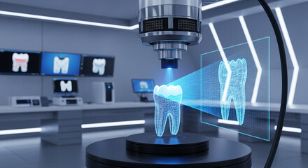 Advanced dental technology scanning tooth with 3d laser, projecting holographic digital model in futuristic laboratory setting with monitors displaying dental scans