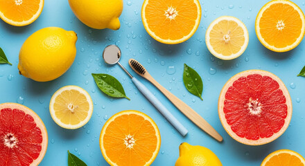 Fresh citrus fruits like oranges, lemons, and grapefruits are arranged with toothbrush and dental mirror on blue, suggesting oral hygiene and healthy eating