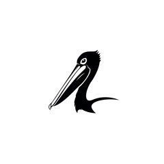 Silhouette of a pelican bird head with long beak and eye detail.