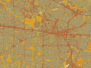 Vector-style flat map of Beaverton, Oregon with sage green ground with rust-red roads and ochre accents.
