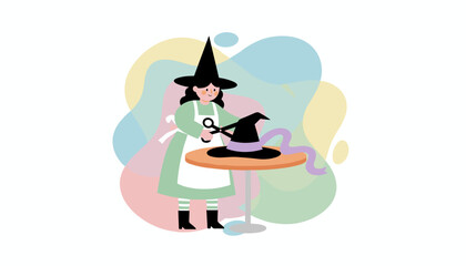 Happy witch crafts a festive hat with ribbon and scissors for Halloween celebration