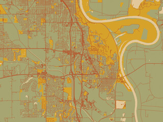 Obraz premium Abstract flat-design map of Bellevue, Nebraska, featuring sage/olive tone field with rust networks and ochre shapes, cream water.
