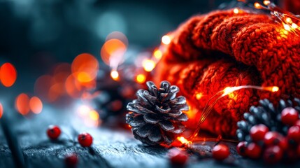 Cozy Knitwear Display with Pinecones and Holiday Lights Creating a Warm Atmosphere for the Winter Season with Beautiful Bokeh Background Effects