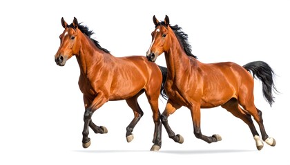 Obraz premium Two brown horses in a dynamic gallop