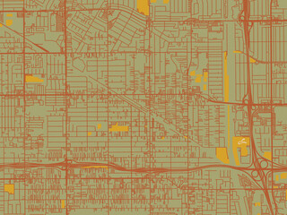 Graphic flat color map of Bellflower, California in sage green ground with rust-red roads and ochre accents.