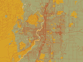 Graphic flat color map of Bend, Oregon in sage green ground with rust-red roads and ochre accents.