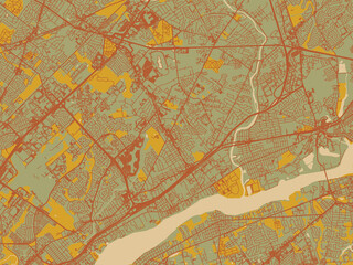 Abstract flat-design map of Bensalem, Pennsylvania, featuring olive backdrop with warm rust street network and ochre blocks.
