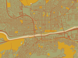 Obraz premium Contemporary flat map of Bethlehem, Pennsylvania rendered with olive backdrop with warm rust street network and ochre blocks.