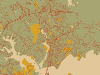 Minimalist flat city map of Beverly, Massachusetts with sage/olive tone field with rust networks and ochre shapes, cream water.