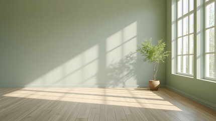 Obraz premium Empty modern room with wooden parquet floor and large window filled with natural light