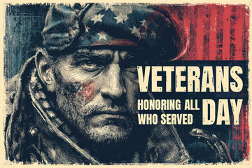 Veterans Day Banner. Powerful grunge tribute honoring Veterans Day. Features a solemn senior veteran wearing a patriotic cap, with distressed American flag