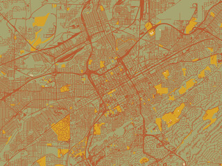 Poster-ready flat map of Birmingham, Alabama, olive backdrop with warm rust street network and ochre blocks.