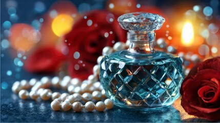 Elegant Vintage Perfume Bottle Surrounded by Roses and Pearls Against a Soft Bokeh Background for a Romantic Atmosphere