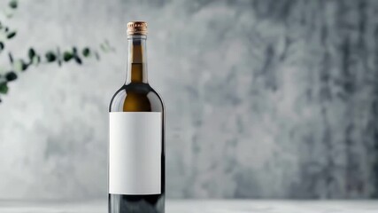 Elegant wine bottle with blank label on marble table and greenery background