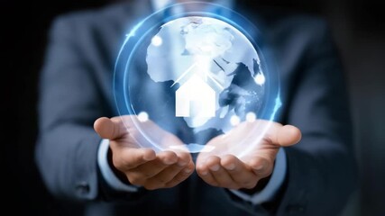 Insurance advisor presenting holographic digital policy to young couple planning first home, symbolizing property coverage, financial stability, and modern insurance solutions for new homeowners.