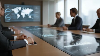Modern corporate boardroom with executives gathered around sleek digital table, analyzing holographic dashboards of AI-driven market predictions, symbolizing advanced business strategy and future - Powered by Adobe