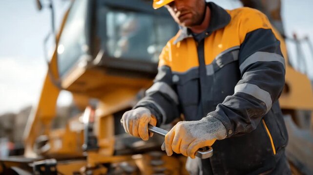Heavy machinery at a construction site is adjusted with gloved hands gripping a wrench, reflecting industrial safety, strength, engineering, and protective workplace practices. three-quarter wide