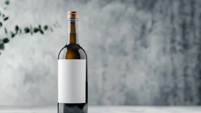 Elegant wine bottle with blank label on marble table and greenery background - Powered by Adobe