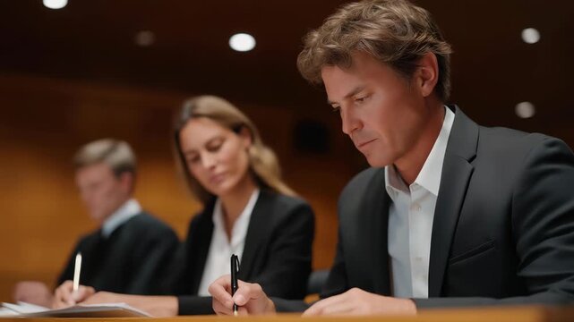 Jury members observing live courtroom proceedings while taking detailed notes and marking evidence, representing careful review, attentive analysis, professional judgment, ethical deliberation, and