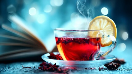 A Warm Cup of Herbal Tea with Lemon: The Comforting Aroma of Relaxation and Reading, Perfectly Captured in This Inviting Scene