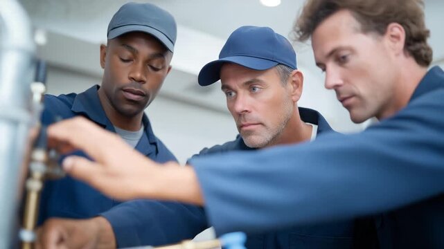 Professional plumbers training apprentices on pipe cleaner machines demonstrate skill development, technical education, repair techniques, mentorship, and the transfer of knowledge for efficient