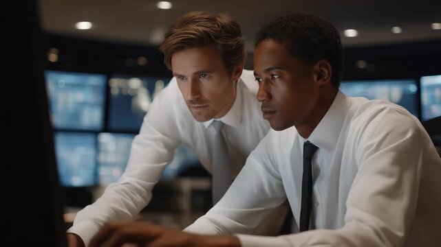 Security professionals testing communication protocol on encrypted devices, symbolizing safety, cyber resilience, and protective measures within modern digital infrastructures. three-quarter wide