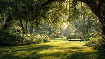 Obraz premium A sunlit park scene shows a wooden swing suspended from a large tree, over a verdant lawn